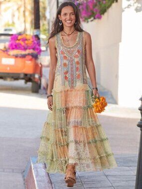 Biya Johnny Was Kandence Tiered Mesh Bird Embroidered Maxi Dress Cream M